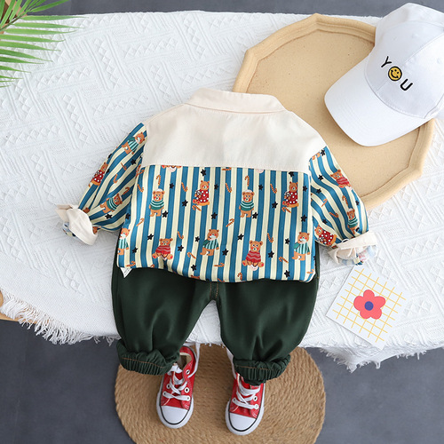  Spring New Boys' Collar Color Matching Shirt Long Sleeve Set Casual Pants Two-Piece Suit for Baby Boys 