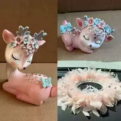 Car ornaments, Dashboard Safe Journey Car Decoration - big-deer-fawn-pearl-pink-feather-cushion