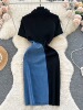 Contrast splicing slim fit mid length short sleeved elegant dress