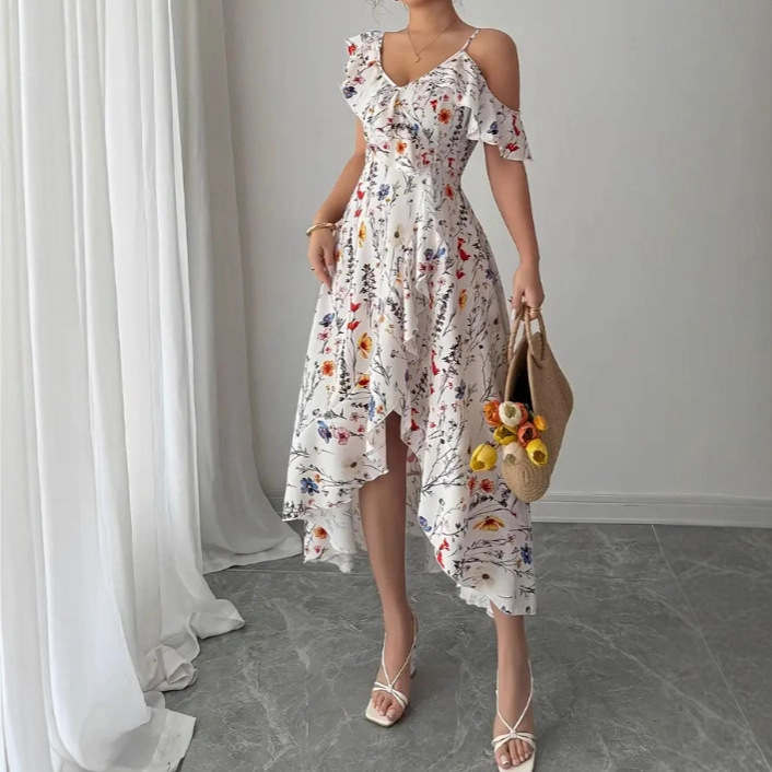 Women's Clothing Floral Print Sundress Irregular Slit Slim Waist Vacation Style Long Dress Fairy Beach Photos Dress For Women_ecoleips.com