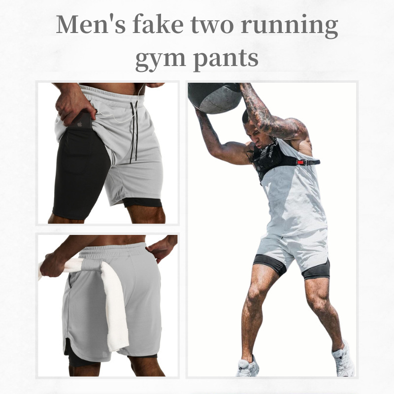 Amazon Summer American Men's Bird's Eye Net Sports Quick-drying Shorts Loose Double-layer Fake Two-piece Running Fitness Pants