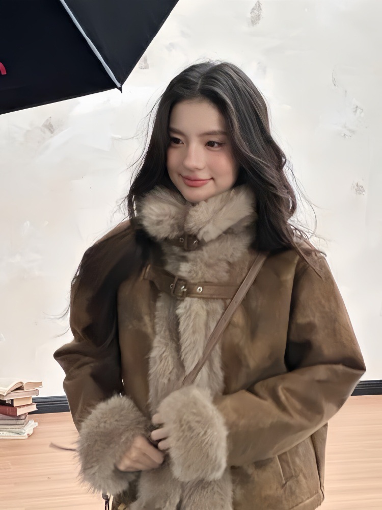 メイラードファー一体型コート レディース 冬 2025 ネットで話題のファッショナブルなショート丈 ラペル付き 小柄な方向けファー