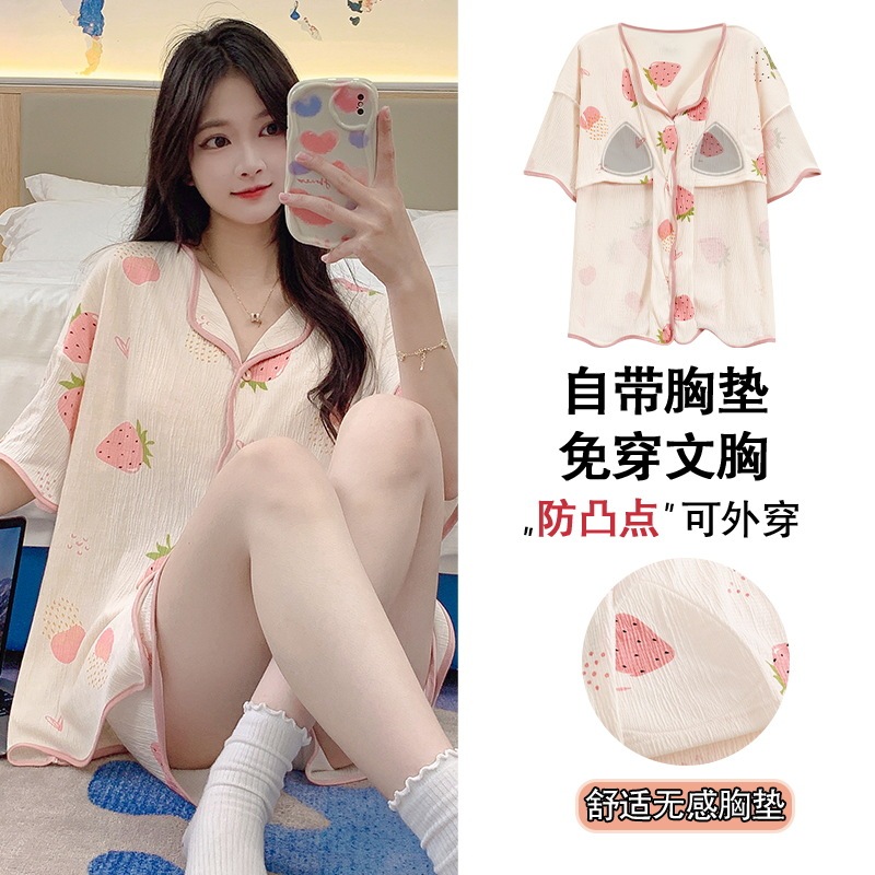 Self-contained Chest Pad One-piece Pajamas Women's Summer 2025 New Cardigan Short-sleeved Shorts Summer Cartoon Printed Home Clothes Self-contained Chest Pad One-piece Pajamas Women's Summer 2025 New Cardigan Short-sleeved Shorts Summer Cartoon Printed Home Clothes