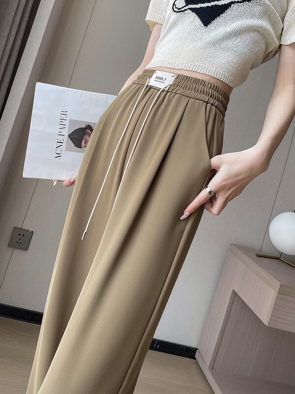 Extra Large Size 150kg Khaki Wide-Leg Pants for Women, Spring/Summer/Autumn Style, Elastic High-Waist, High-End Drape Effect, Straight-Leg Pants