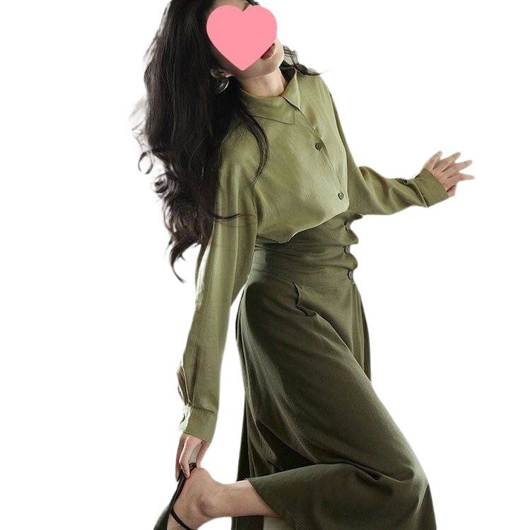 法式绿色不对称领复古套装女2025秋季新款高级感衬衫半身裙潮纯色|undefined