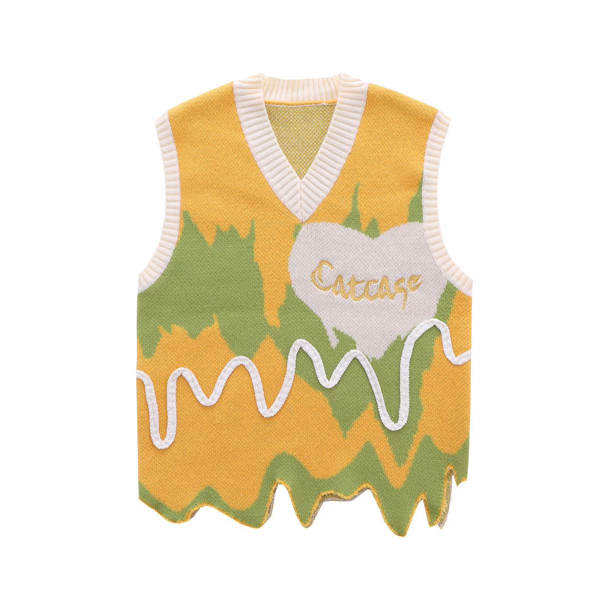 Cross-Border marca de moda contraste color suéter Chaleco de los hombres y las mujeres de primavera y otoño nicho de diseño de perfil de dobladillo irregular Chaleco de punto