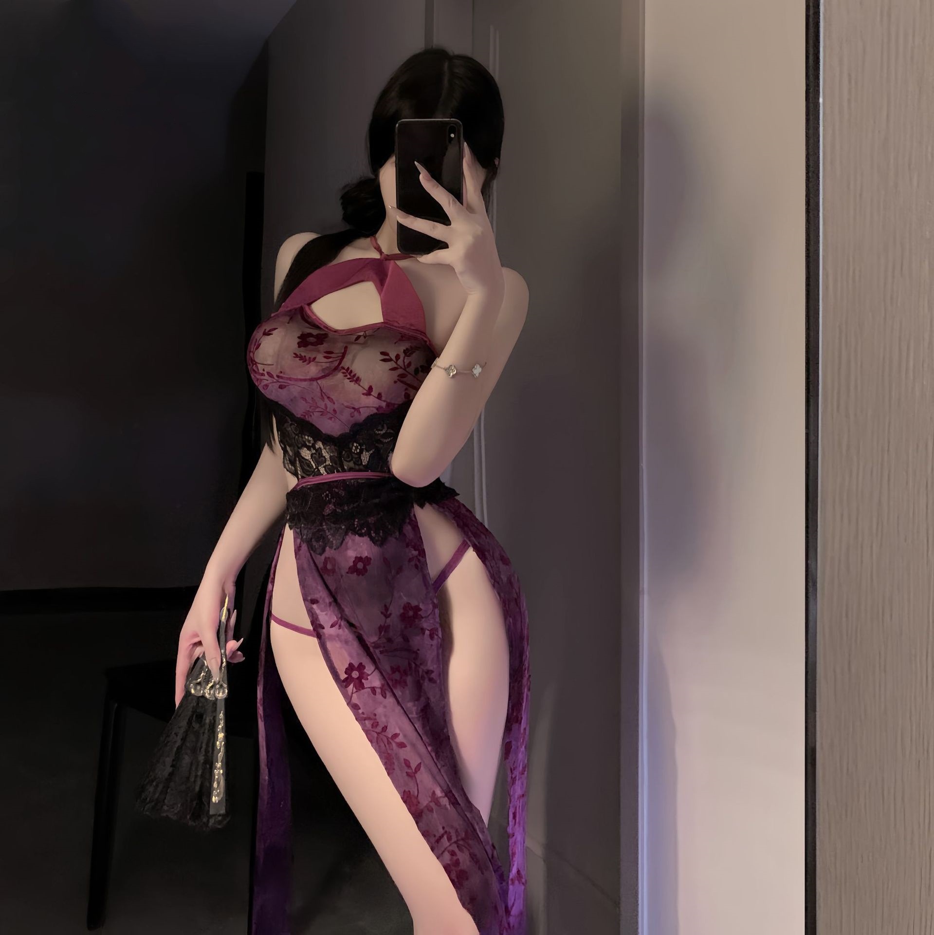 새로운 국가 스타일 백리스 청삼 원피스 여성의 새로운 중국 스타일 원피스 관점 섹스 속옷 순수한 욕망 레이스 업 나이트 드레스