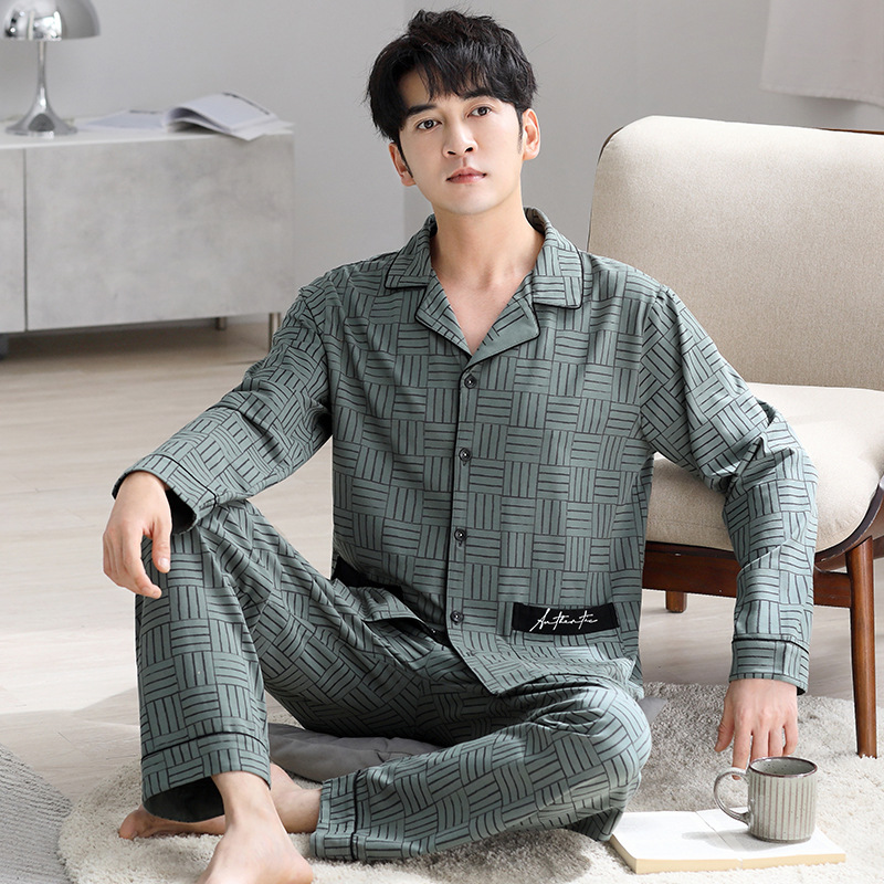High-End Cool Cotton Men's Pajamas Spring & Fall New Long-Sleeved Cardigan Casual Suit Can Be Worn Outside Loose Cotton Home Clothes