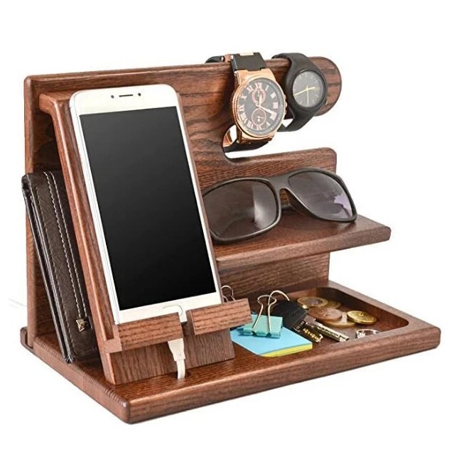 Wholesale wooden mobile phone holder creative personality wooden mobile phone holder glasses watch multifunctional storage phone holder