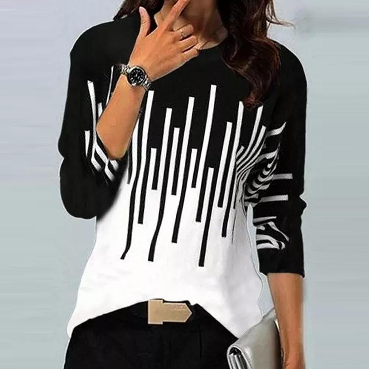 Ropa de mujer transfronteriza europea y americana compatible con varias plataformas, nueva camiseta de manga larga con cuello redondo y estampado de posicionamiento en contraste