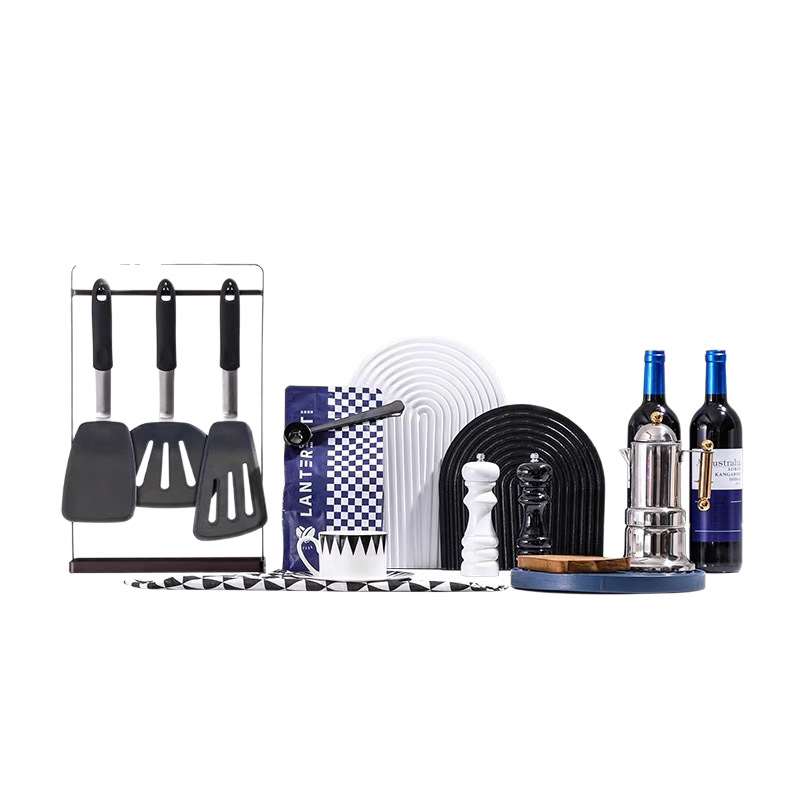 Claine modelo azul combinación de cocina decoración utensilios de cocina tabla de cortar cafetera vino vino vinos decoración suave props