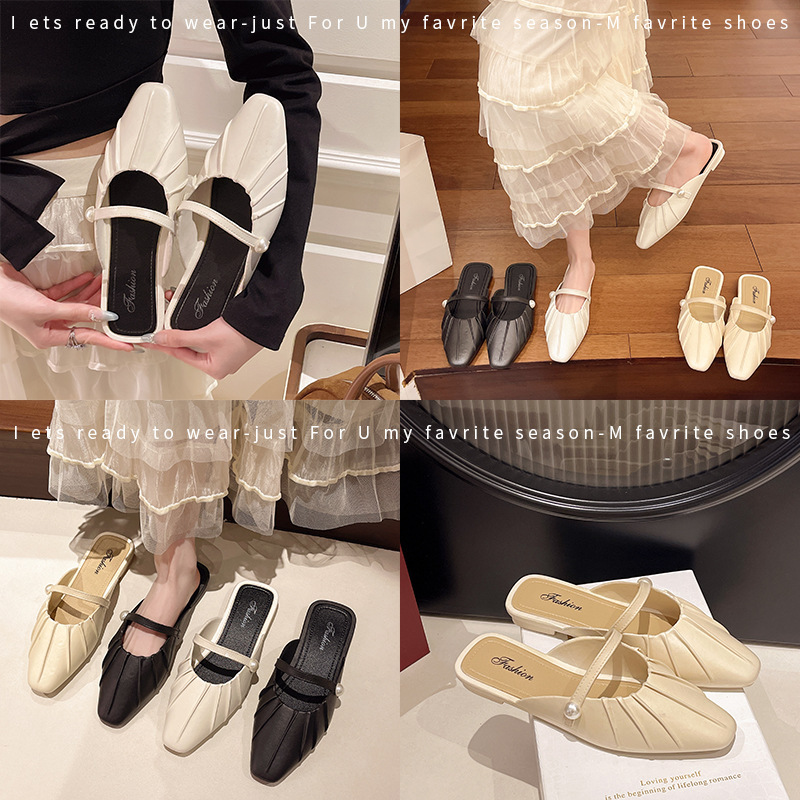 Southeast Asia 2025 New Summer Pearl French Shallow Mouth Mary Jane Baotou Half Slippers Daily Outer Wear Slip-on Southeast Asia 2025 New Summer Pearl French Shallow Mouth Mary Jane Baotou Half Slippers Daily Outer Wear Slip-on