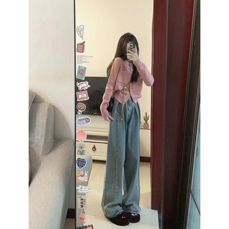 American Retro High-rise High-rise Wide-leg Jeans Women's Loose Straight Slim-fit Pink Chanel-style Sweater suit American Retro High-rise High-rise Wide-leg Jeans Women's Loose Straight Slim-fit Pink Chanel-style Sweater suit