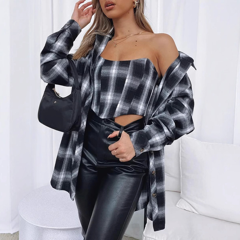 2025 European and American Plus Size Women's Shirt Long-Sleeved Plaid Casual Shirt Top