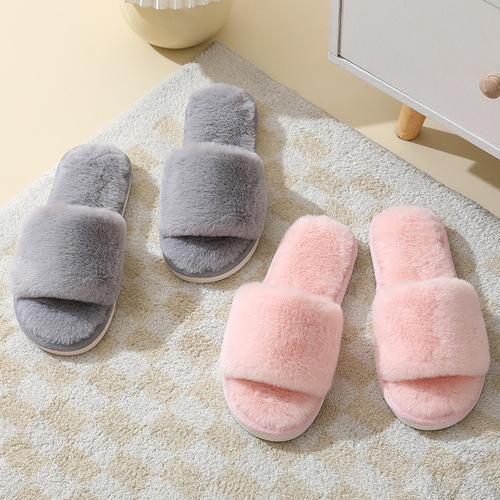  cross-border autumn and winter new style imitation rabbit fur women's one-piece home cotton slippers thick-soled warm indoor slippers