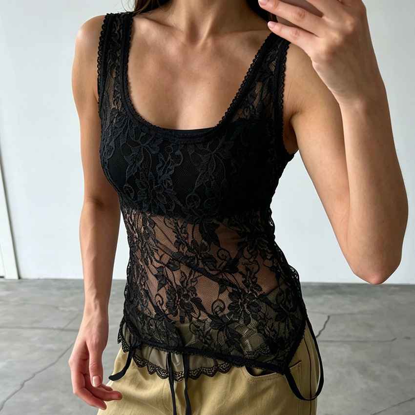 2026 primavera y verano nuevo chaleco de moda de encaje transparente sin mangas mujeres transfronterizas europeas y estadounidenses quieren puro estilo U cuello en la parte superior