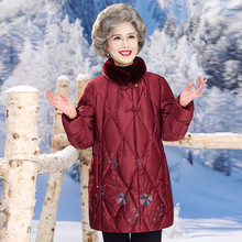 中老年妈妈冬装羽绒服中长款老人衣服奶奶毛领国风重工刺绣外套女