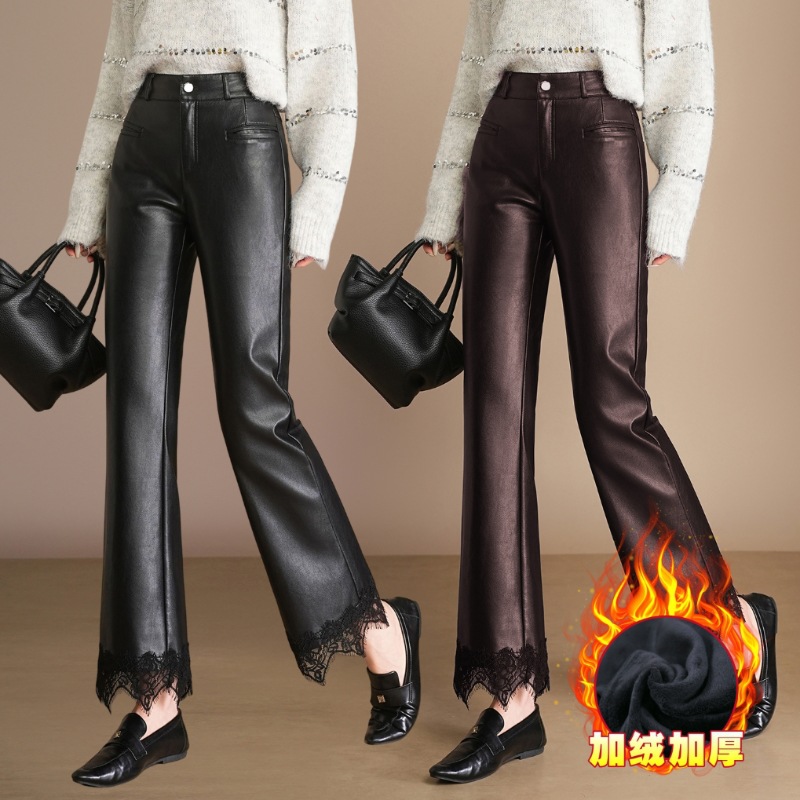 Authentic Brand Petite Sheepskin Flared Leather Pants for Women 2025 Winter Fleece Lace Trim Cropped Bootcut Pants Trendy