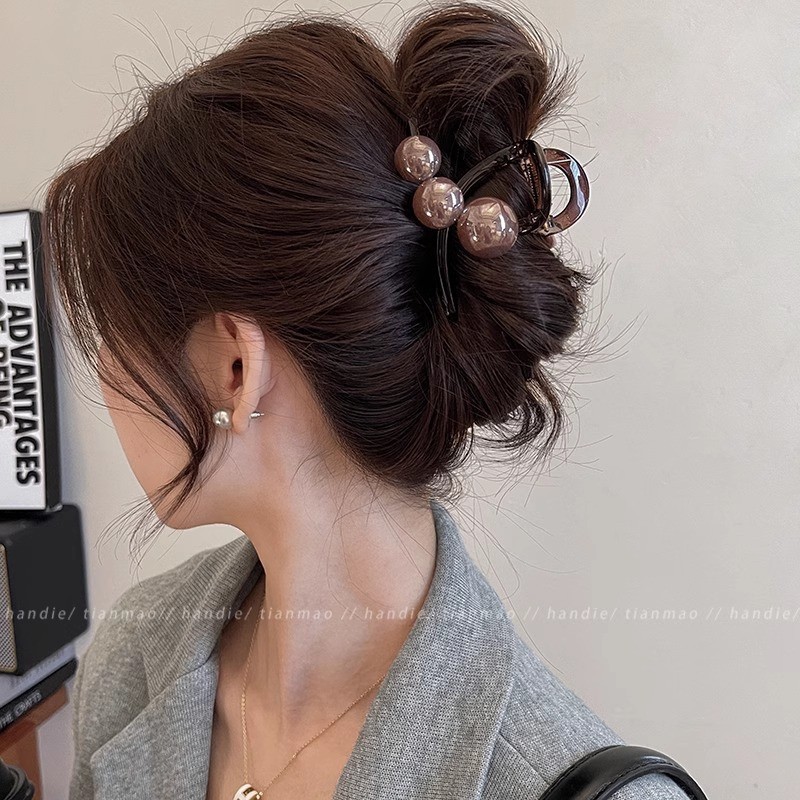 フレンチポルカドットレトロコントラストリボンリボンパールペンダント後頭部シャーククリップヘアピン女性用|undefined