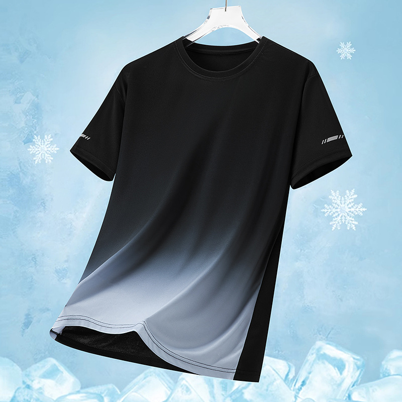 Abbigliamento da uomo T-shirt da uomo in maglia di seta ghiacciata ad asciugatura rapida, taglia grande, ampia, stampa sfumata, asciugatura rapida, scollo rotondo, traspirante, manica corta_voghion.com