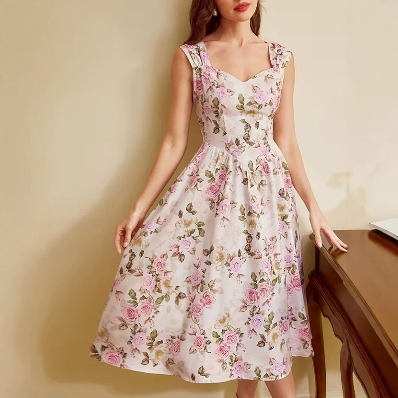 Vintage Elegant Floral Print Sleeveless Sweetheart Neckline Spaghetti Strap A-Line Women's Dress, Valentine's Day, Vacation