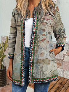 9221# Amazon wish autumn and winter New retro ethnic style printed long-sleeved coat jacket cardigan women's clothing
