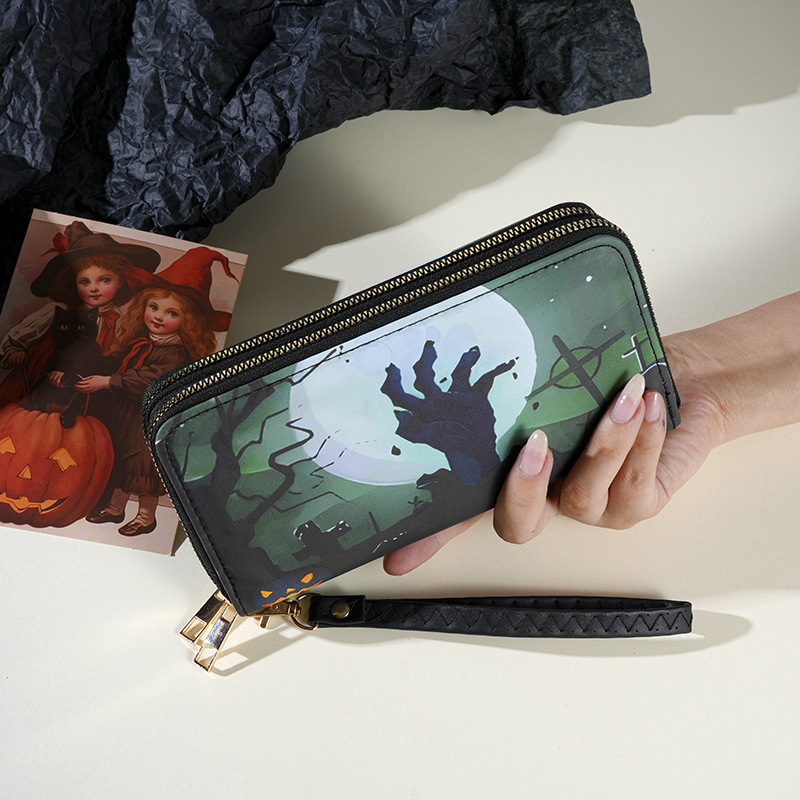 Cross-Border Funny Personalized Long Wallet Trendy Printed Wallet Double Zipper New Halloween Clutch Bag Mobile Phone Bag Cross-Border Funny Personalized Long Wallet Trendy Printed Wallet Double Zipper New Halloween Clutch Bag Mobile Phone Bag