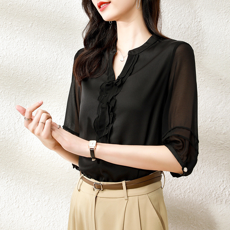 黒シフォンシャツ半袖トップ新しい夏のファッション薄いスタイルシャツルーズvネック小さなフレグランスシャツ|undefined