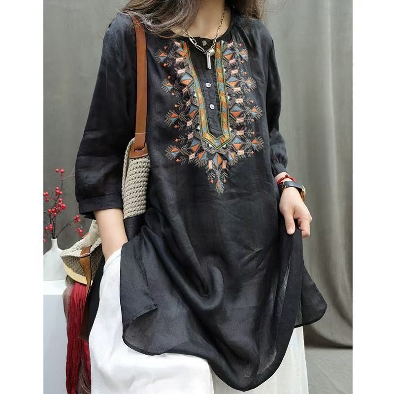 Summer Heavy-Duty Retro Embroidered Shirt Mid-Length Loose Fashionable Shirt Casual Artistic Pullover Top for Women Summer Heavy-Duty Retro Embroidered Shirt Mid-Length Loose Fashionable Shirt Casual Artistic Pullover Top for Women