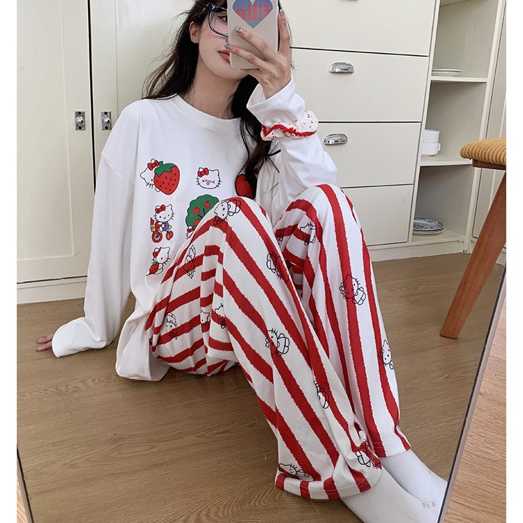 INS 귀여운 헬로 키티 인쇄 긴 소매 잠옷 여성의 봄과 가을 2024 새로운 티셔츠 바지 홈 의류 세트