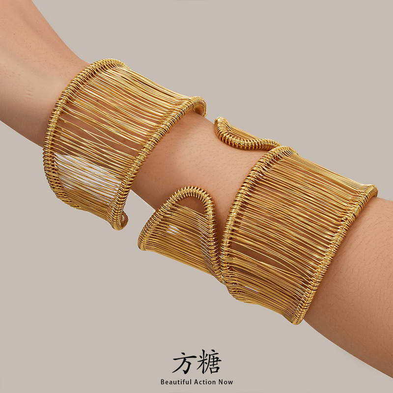 Fashionable Silk Thread Wrapped Wide Open Bracelet Stainless Steel Bracelet Personalized Versatile Bracelet for Women European and American Style Jewelry Wholesale Fashionable Silk Thread Wrapped Wide Open Bracelet Stainless Steel Bracelet Personalized Versatile Bracelet for Women European and American Style Jewelry Wholesale