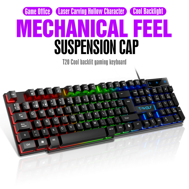 Thunder Wolf T20 Keyboard Spanish Russian Language Floating Mechanical Feel Multilingual Version Mixed Lighting USB Gaming Keyboard