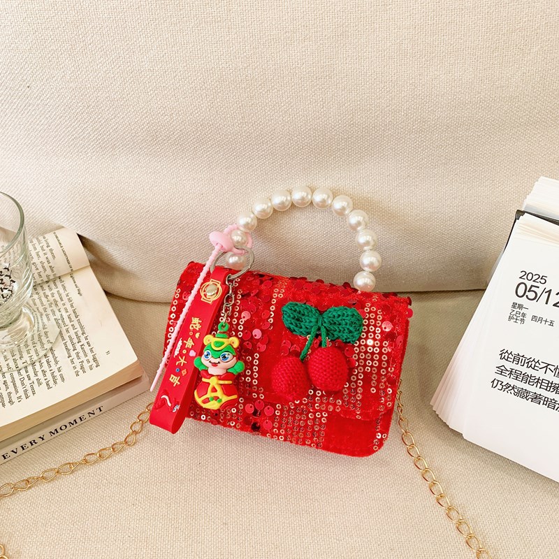 2025 rojo festivo bolso de Año Nuevo para niños estilo occidental perla bolso de niña hilo bordado bowknot bandolera para niños
