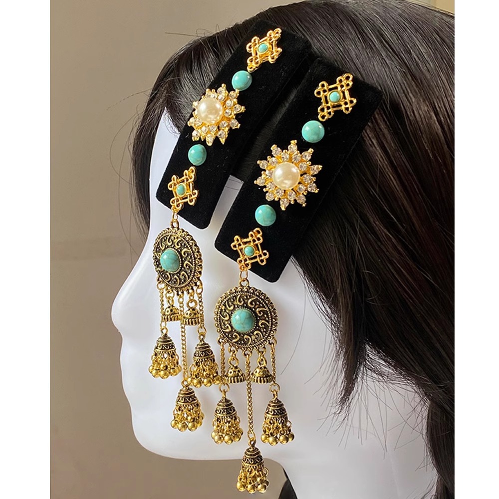New Chinese Style Retro Gem Diamond Long Tassel Hairpin Ethnic Style Bell Front Fringe Clip Mongolian Hair Accessories Trendy