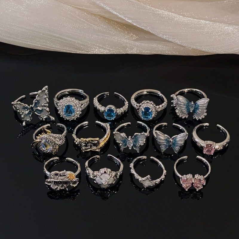 Adjustable Ring Size Copper Enamel Oval Butterfly Zircon Open Rings