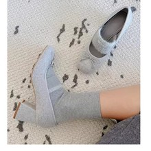 CHENGMEIZU法式复古方头浅口粗跟玛丽珍单鞋女蝴蝶结芭蕾舞高跟鞋