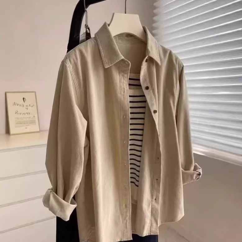 Corduroy Shirt, Spring and Autumn Retro French Style Inner Shirt, Short-Sleeved Loose Casual Long-Sleeved Top That Covers the Body