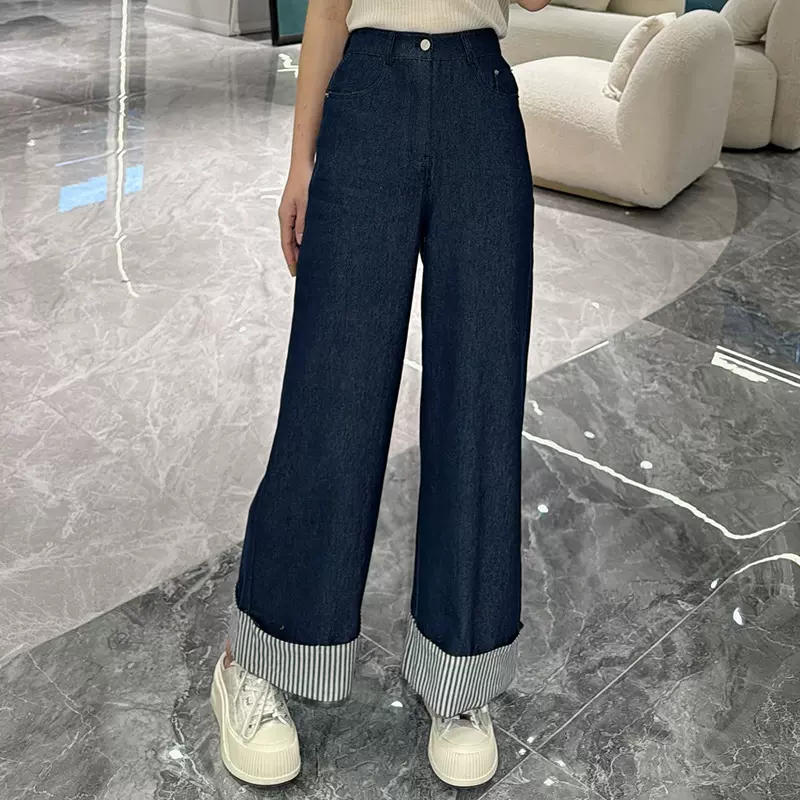 2025秋季牛仔色直筒九分裤翻边小阔腿裤棉质休闲女裤百搭文艺风