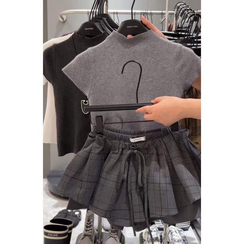 Korean-Style Half-High Collar Knitted Short-Sleeved Solid Color Slim-Fitting Top + Plaid A-Line Short Skirt Suit for Women Korean-Style Half-High Collar Knitted Short-Sleeved Solid Color Slim-Fitting Top + Plaid A-Line Short Skirt Suit for Women