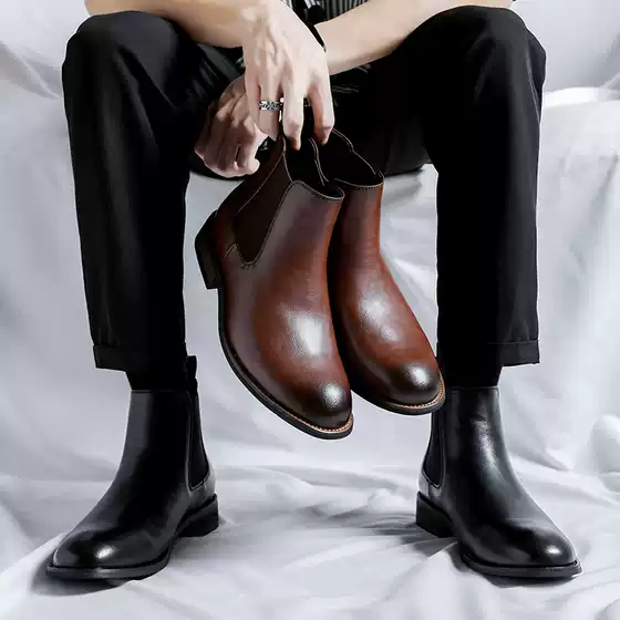 Autumn and Winter Chelsea boots men's British sleeve vintage handmade leather boots British Martin boots mid-top boots 8207-R