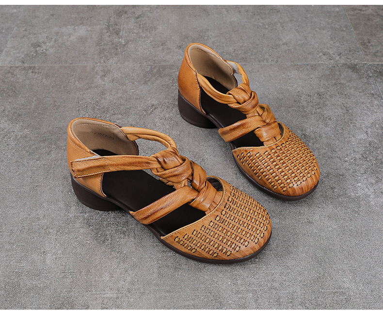Sandal nữ da bò thật phong cách La Mã cổ điển, đế mềm, quai đan hở thoáng khí — màu nâu chi tiết 13