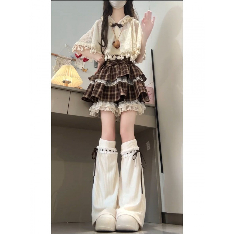 New Detective Bow-Knot Cape Shawl Top for Girls, Sweet Plaid Skirt, Summer Two-Piece Set for Women