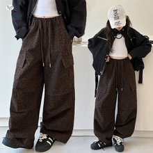 女童裤子2025年秋季新款中大童豹纹工装裤时髦大口袋阔腿裤直筒裤