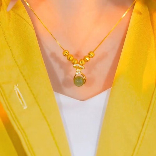 Redhead golden money bag pendant green jade Ruyi necklace pullable adjustable universal chain delicate collar chain 