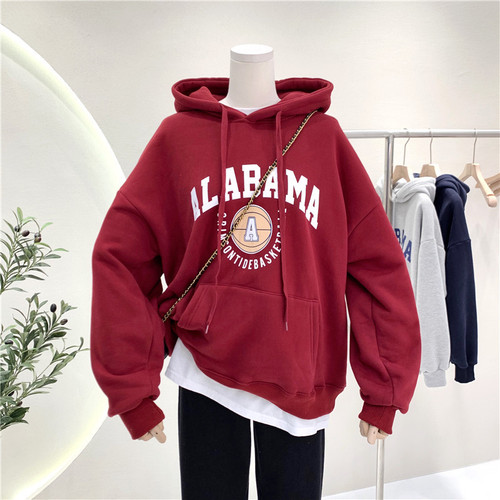 Women's Thick Fleece Hooded Sweatshirt with Ins Trendy Letter Print Loose Plus Size Outerwear for Autumn and Winter Korean Style