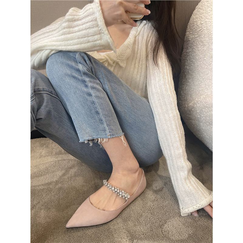 【】White Moonlight of the World: Women's Pointed Toe Mary Jane Shoes with Rhinestones, Genuine Leather Sole, Flat Shoes