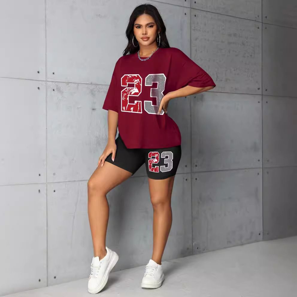 Women's Plus Size Summer Fashion Set Short Sleeve Breathable Two Piece Number Print England Style_voghion.com