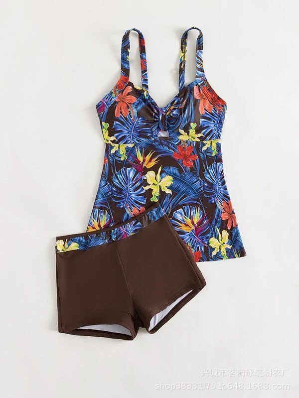 Mingyi nueva impresión multicolor europea y americana tangini conservador moda vestido grande pantalones de pierna plana traje de baño de dos piezas para mujer