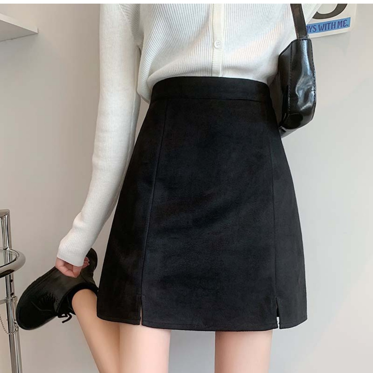 GraceChic GraceChic GraceChic 2023 Autumn Winter High Waist Split Suede Velvet Midi Plus Size Slimming A-line Bodycon Versatile Black Short Skirt_voghion.com