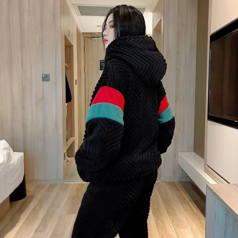 여성용 산호 벨벳 잠옷, 가을 겨울 겉옷, 두꺼운 플란넬, 여분의 지방, 느슨한 300파운드 가정복 세트